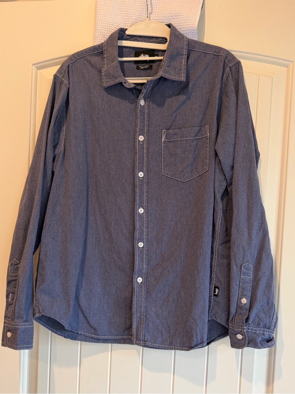 Stussy Men's Medium Blue Herringbone Long Sleeve Button Down Shirt Streetwear